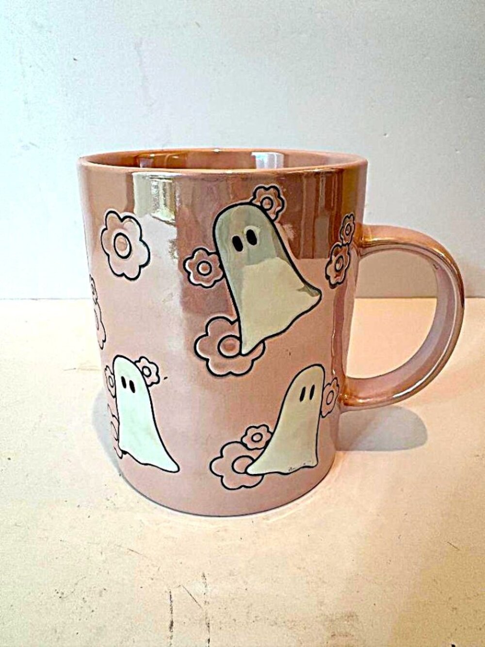 XL Prima Design Halloween Ghosts & Flowers Pink White Silver Ceramic Coffee Cu